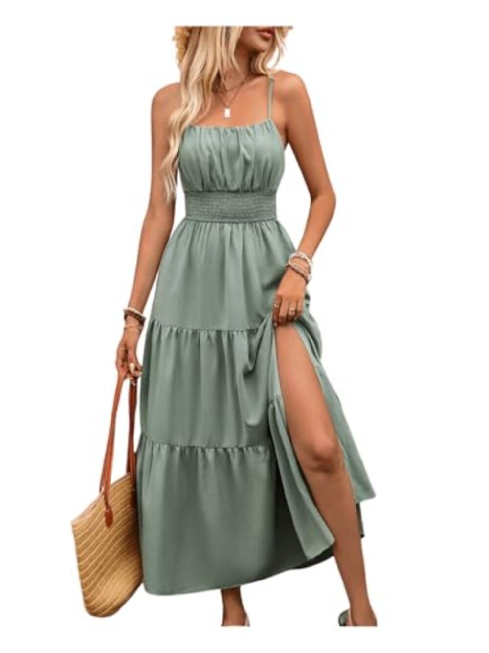 Women's Boho Maxi Dress Sleeveless Square Neck Shirred Ruched Summer